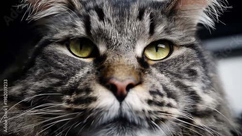 Close up view of a cat with green eyes looking directly at the camera while resting indoors during the day