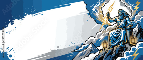 A Majestic Zeus Figure Holding Lightning Bolt Among Storm Clouds on a Mountain