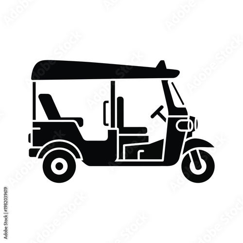 Simple black tuk-tuk or auto rickshaw icon. Traditional three-wheeled taxi silhouette for transport concepts