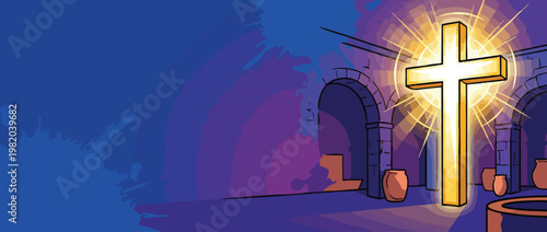 Christian Cross Glowing with Radiant Sacred Light Symbolizing Hope and Calm in Sanctuary