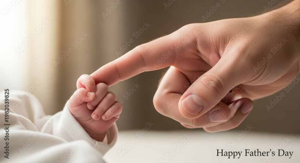 Obraz premium Touching moment happy father's day a newborn's hand grasps dad's finger celebrating new parenthood love