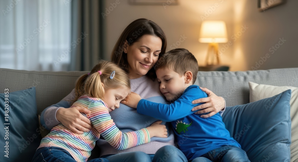 Fototapeta premium A loving mother sitting on a sofa and hugging her two young children at home
