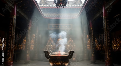 Qingming Festival ritual with incense smoke rising from ancient Chinese temple altar