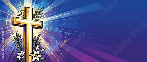 Christian Cross with Radiant Sacred Light and Lush Greenery Symbolizing Calmness and Hope