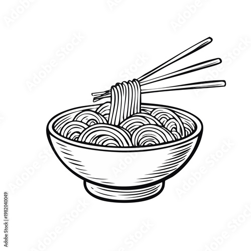 Hand drawn sketch of a steaming bowl of noodles with chopsticks picking them up