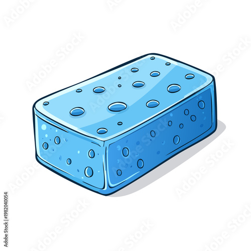 Cartoon blue cleaning sponge with water drops, isolated graphic illustration