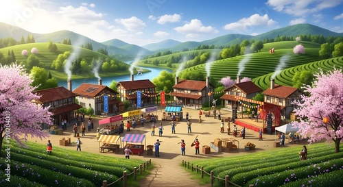 People gather at Qingming festival in a vibrant village surrounded by lush green mountains and trees with pink blossoms under a sunny blue sky with white clouds.