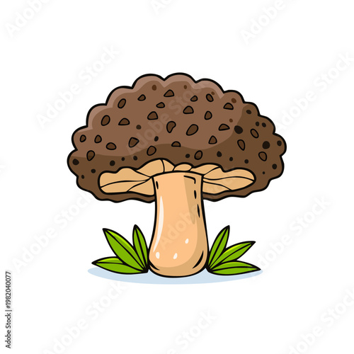 Whimsical Hand Drawn Brown Mushroom with Spotted Cap and Green Leaves