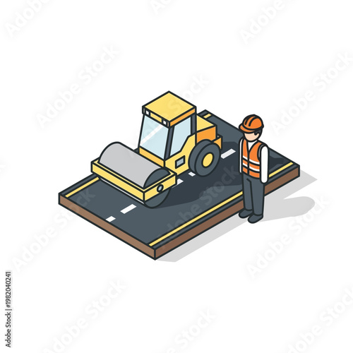 Construction worker with steamroller on road isometric illustration.