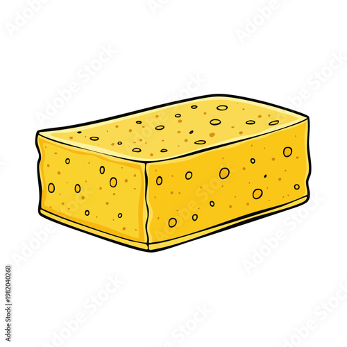 A yellow rectangular sponge with pores and a thick border shown in a side profile illustration