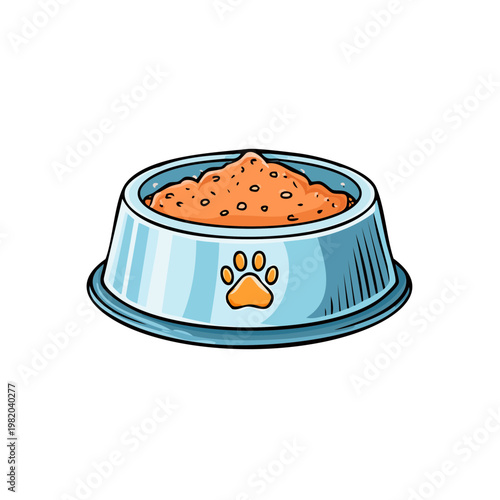 Illustration of a pet food bowl filled with kibble, featuring a paw print emblem on the side.