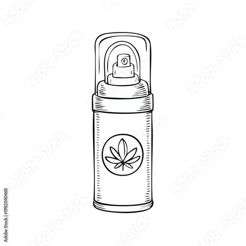 Hand drawn illustration of a spray bottle with a cannabis leaf emblem for topical relief or skincare