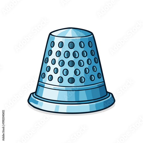 Illustration of a silver thimble with a patterned surface used for sewing protection