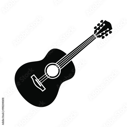 Simple black acoustic guitar icon. String instrument silhouette for art, culture, and entertainment concepts