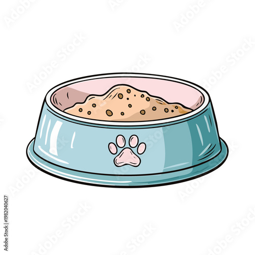 Illustration of a full dog bowl with kibble and a paw print emblem on the side