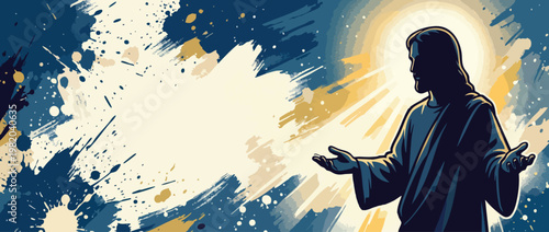 Jesus Christ Silhouette with Open Hands and Heavenly Light