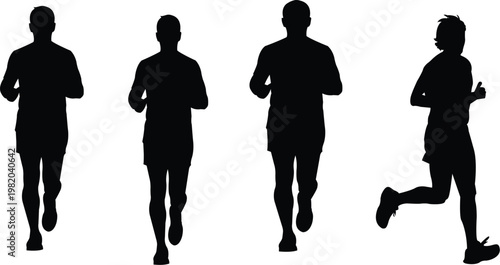 Detailed silhouettes of male runners jogging and sprinting, fitness and marathon training concept vector