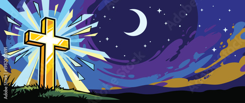 Glowing Christian Cross with Radiant Sacred Light for Hope and Calm at Night