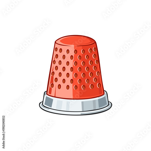 Red sewing thimble with metallic rim and patterned surface close up illustration