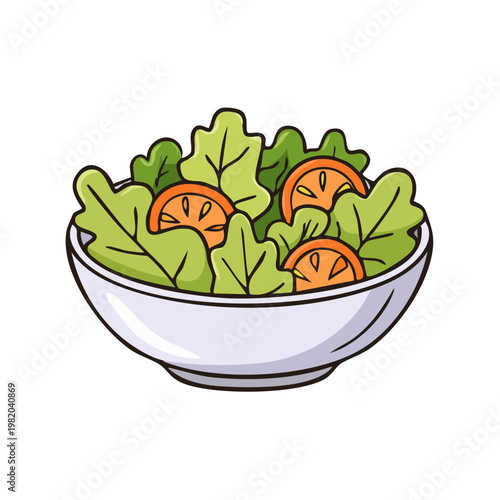 Fresh green salad in a white bowl with tomato slices illustration
