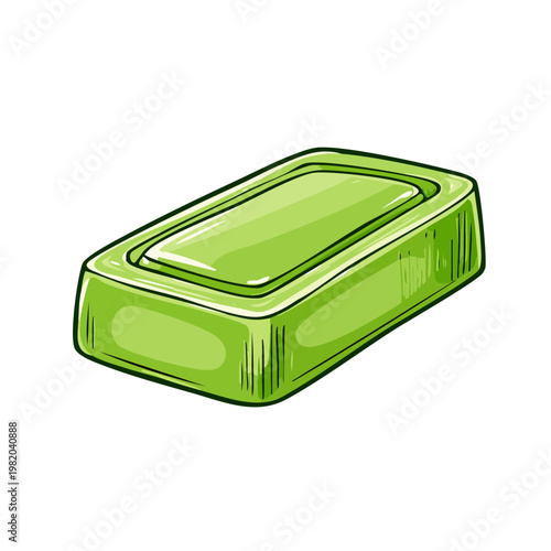 Hand-drawn illustration of a green bar of soap with a clean, fresh look