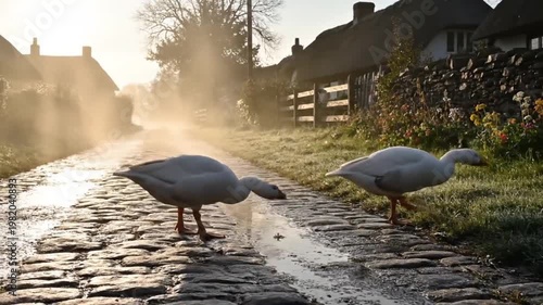 White Geese Walking on Misty Cobblestone Village Road at Sunrise
