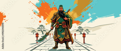 Guan Yu Illustration with Ceremonial Blade and Flowing Robes Noble Warrior