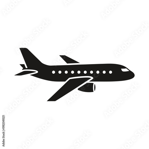 Airplane icon vector illustration. Minimalist black silhouette of a commercial jet plane isolated on white background