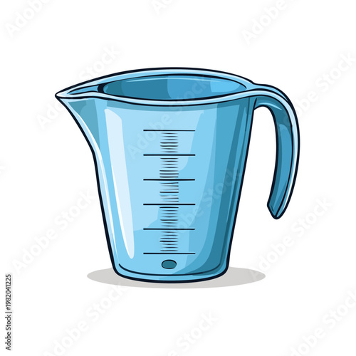 Blue plastic measuring cup with clear volume markings for liquid measurement in a kitchen or laboratory setting