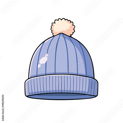 Blue knitted winter hat with pompom cartoon illustration isolated on white background