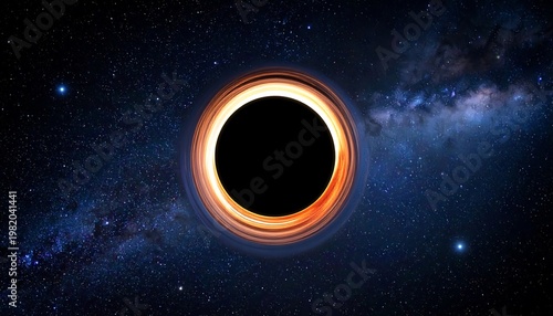 Simulated black hole rendering with accretion disk against starry space background