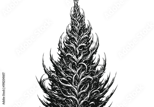 Intricate black and white feather-like botanical illustration with swirling details