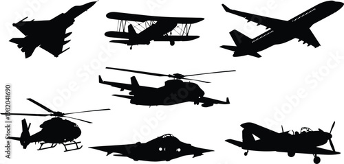 Diverse aircraft silhouette collection, featuring seven black vector icons of fighter jets, military helicopters, vintage biplanes, and modern trainers isolated on white.