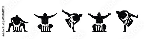 Sumo wrestler silhouettes in traditional japanese wrestling poses vector illustration 