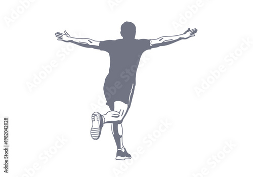 Person demonstrating a high knee lift stretch with arms extended outward