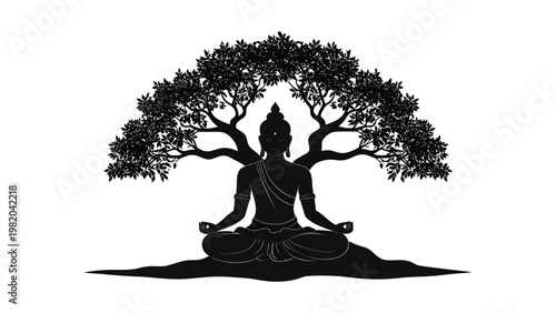 Buddha silhouette meditating under tree.