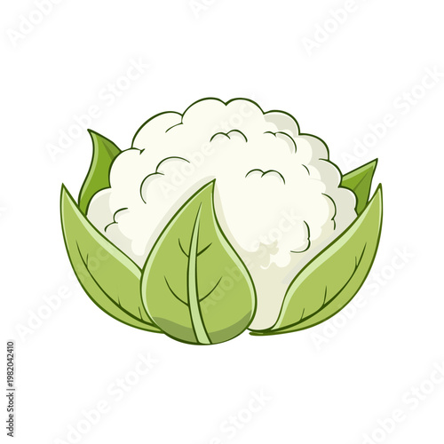 Cartoon cauliflower with green leaves isolated on white background