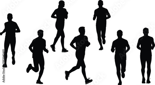 Diverse group of male and female runners silhouette set, athletes jogging and sprinting in various dynamic poses, black vector figures isolated on white.