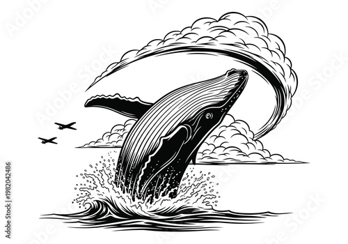 Majestic humpback whale breaching near small flying birds in open sea