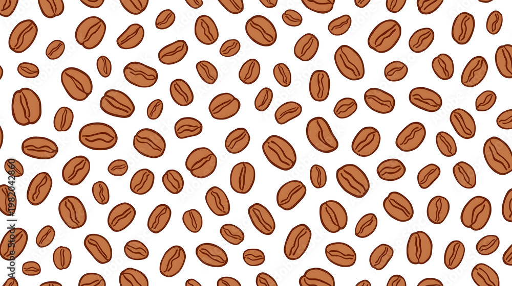 A seamless pattern of roasted coffee beans scattered across a white background, creating a textured and organic design.
