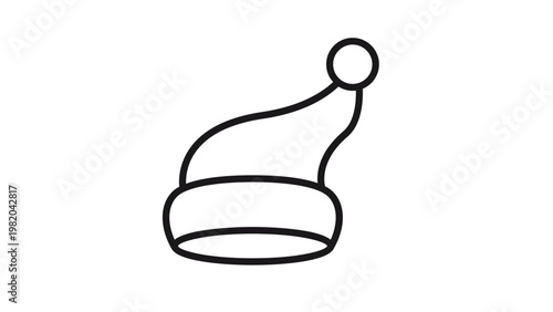 Black line art vector icon of a Santa Claus hat, minimalist Christmas holiday winter cap illustration with pom-pom, scalable symbol for festive seasonal design, greeting cards, and web interfaces.