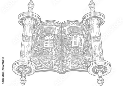 Elegant depiction of an ornate torah scroll with detailed engravings and wooden handles.