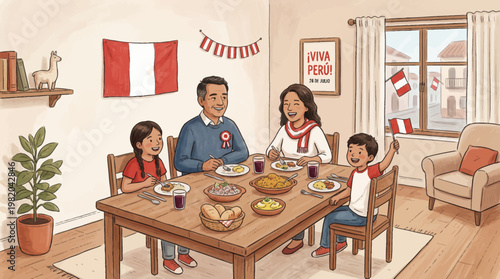 Family celebrates holiday dinner together at home with festive decorations