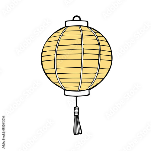 Hand drawn illustration of a simple yellow Asian lantern with tassel isolated on white