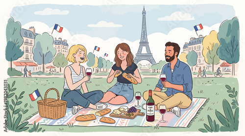 People enjoy a romantic picnic with wine and food in Paris
