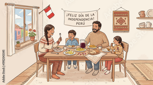 Family gathering around a table for a festive meal indoors on a sunny day