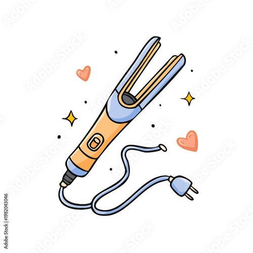 Hand drawn illustration of a colorful hair straightener with hearts and sparkles suggesting beauty and styling