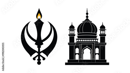 Sikh religious symbols and architecture illustration.