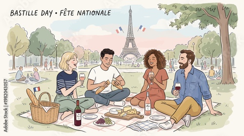 People enjoy picnic on grass with food and drinks at Eiffel Tower