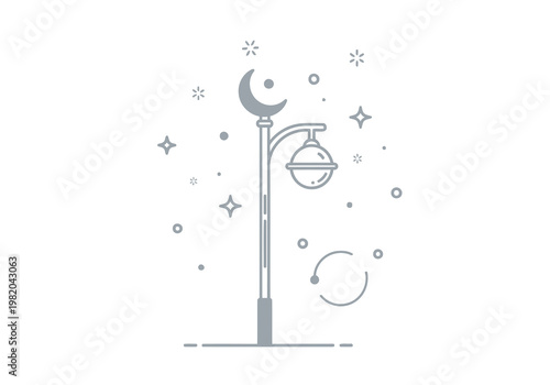 Moonlit street lamp with celestial elements in a minimalist illustration style